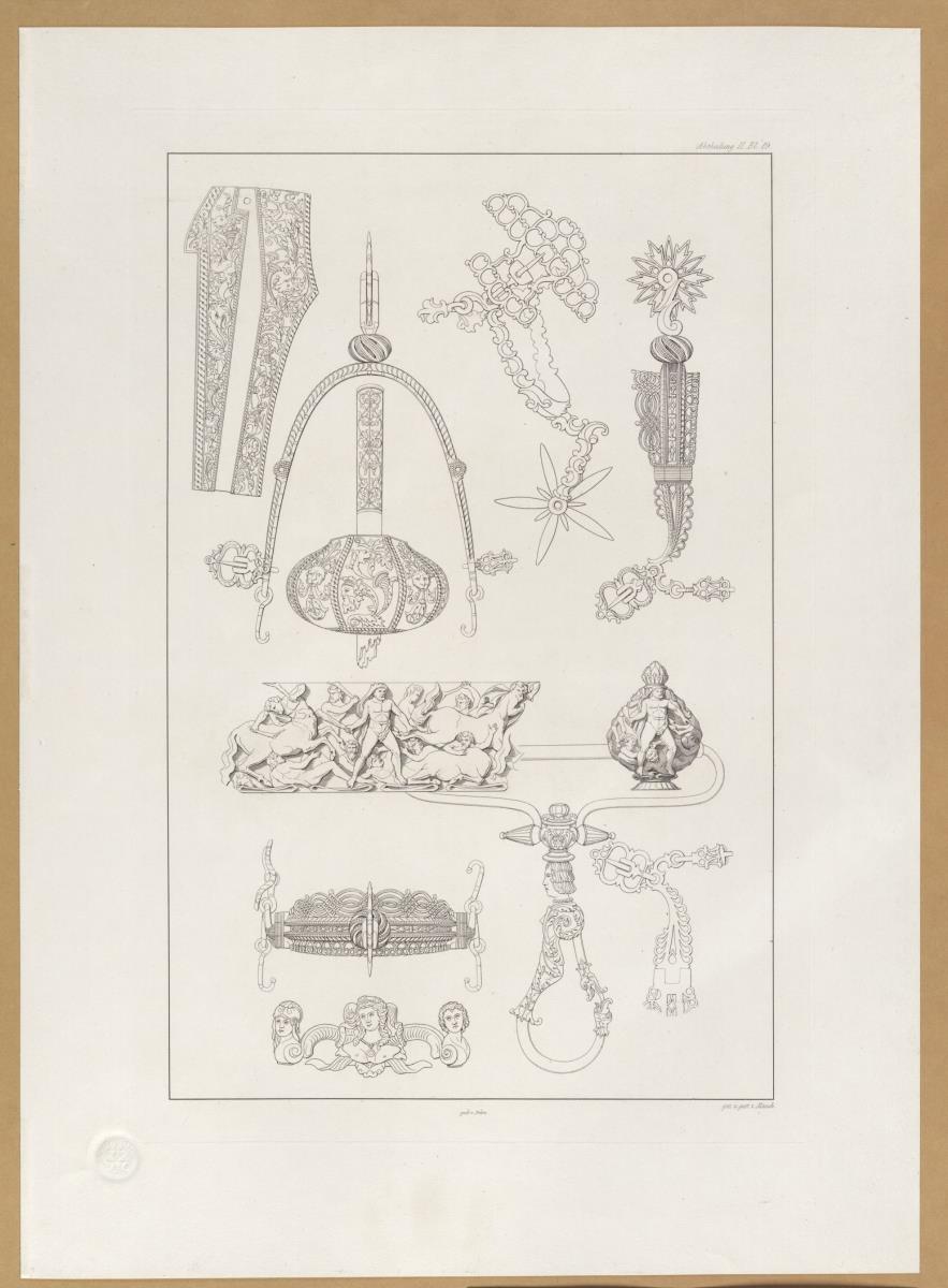 Vorbilder für Fabrikanten und Handwerker. Teil 2, Abteilung 2, Blatt 19: Degenknauf, Pistolenknauf und Sporen aus dem Museum in Kassel und aus einer Sammlung in Goodrich Court, Herefordshire