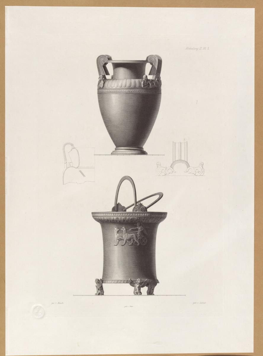 Vorbilder für Fabrikanten und Handwerker. Teil 2, Abteilung 2, Blatt 2: Zwei antike Gefäße aus Bronze aus Museo Borbonico in Neapel