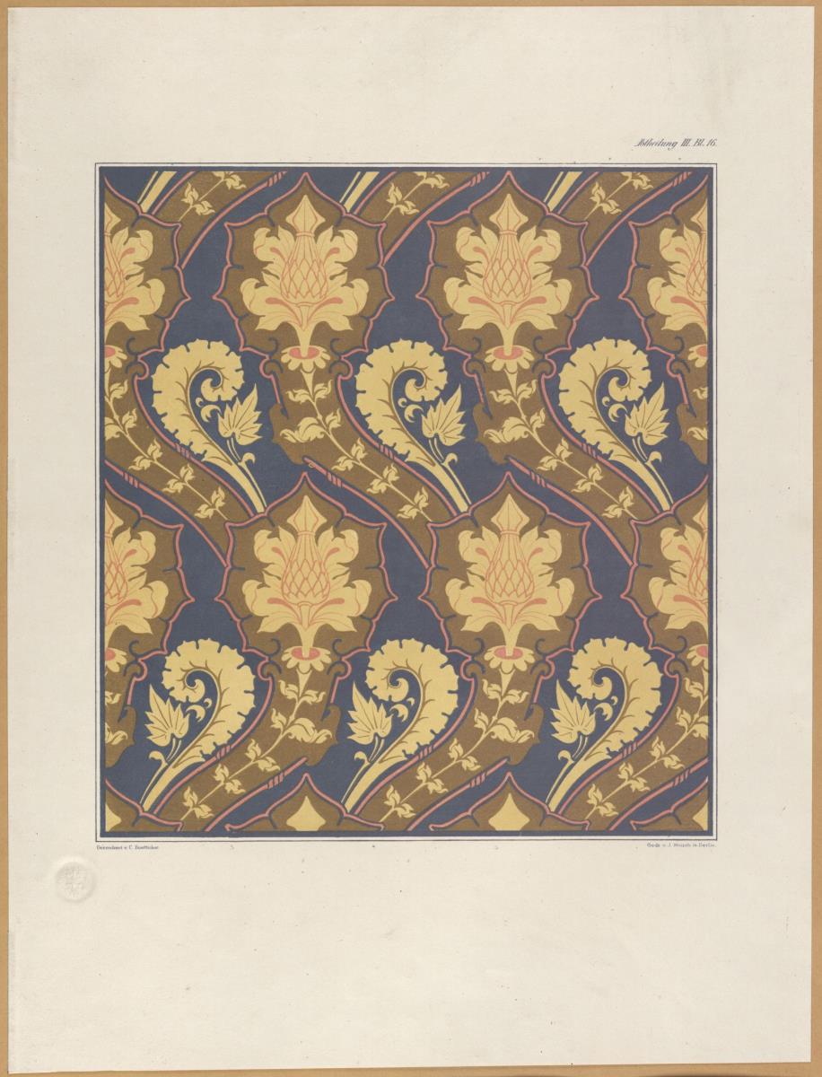 Vorbilder für Fabrikanten und Handwerker. Teil 2, Abteilung 3, Blatt 16: Muster eines Teppichs hinter Altarstatuen in der St.-Katharinen-Kirche in Brandenburg