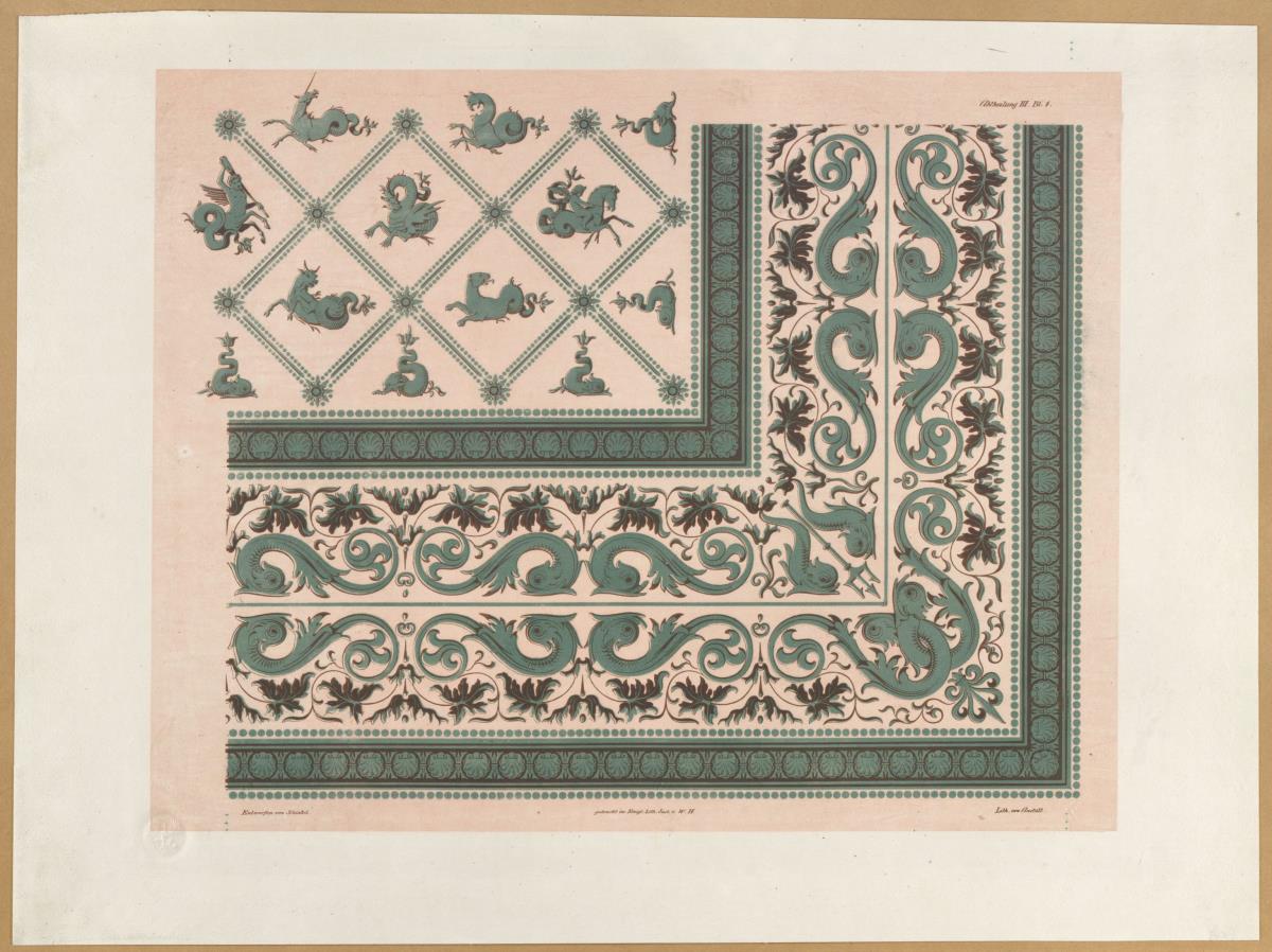 Vorbilder für Fabrikanten und Handwerker. Teil 2, Abteilung 3, Blatt 1: Entwurf für eine Damastdecke mit antiken Motiven