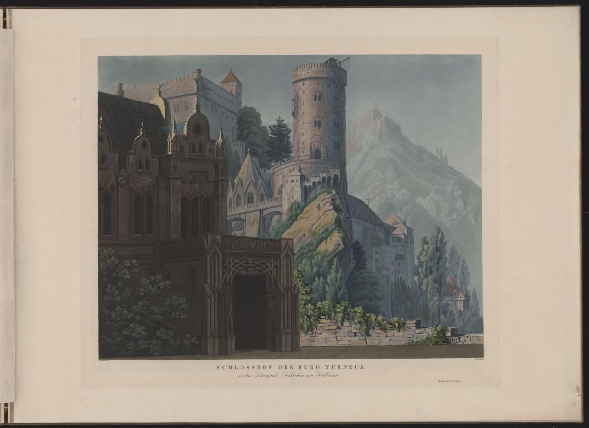 Käthchen von Heilbronn. Trauerspiel von Heinrich von Kleist. Entwurf der 7. Dekoration. Schlosshof der Burg Turneck