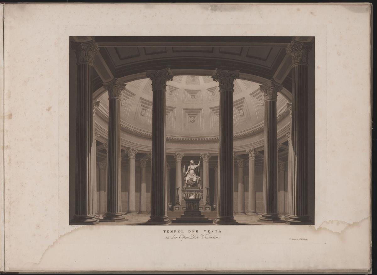 Die Vestalin. Oper von Gaspare Spontini. Entwurf zur 2. Dekoration. Blick in den Tempel der Vesta