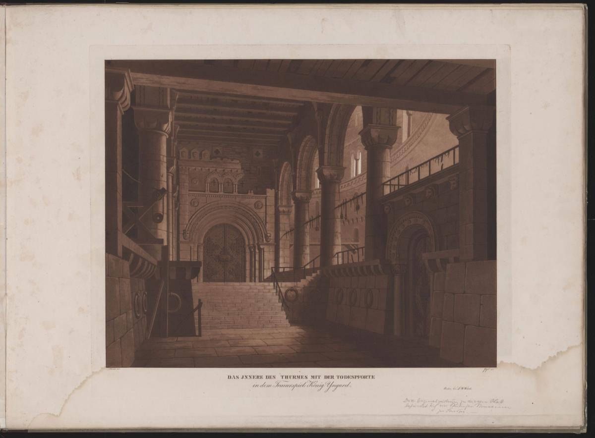 König Yngurd. Trauerspiel von Adolf Müllner. Entwurf zur  5. Dekoration. Saal im Turm mit der Todespforte