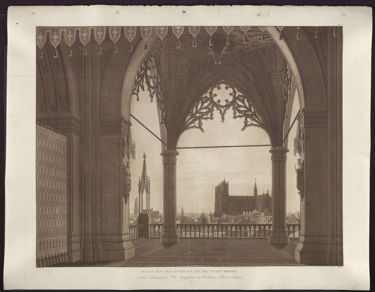 Die Jungfrau von Orleans. Trauerspiel von Friedrich Schiller. Entwurf zur 8. Dekoration. Gotische Halle mit Blick auf Reims