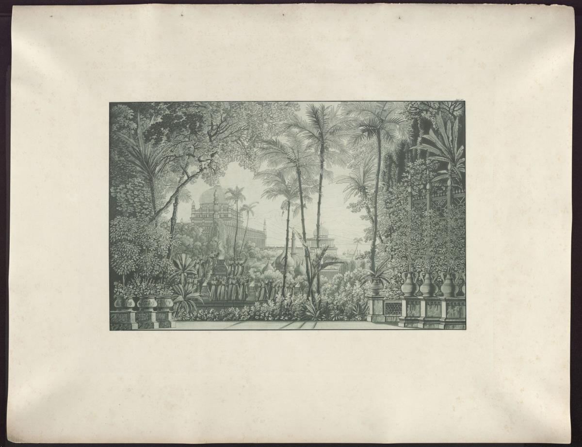 Nurmahal oder das Rosenfest von Caschmir. Oper von Gaspare Spontini. Entwurf zur 1. Dekoration. Palastgarten mit Blick auf Caschmir