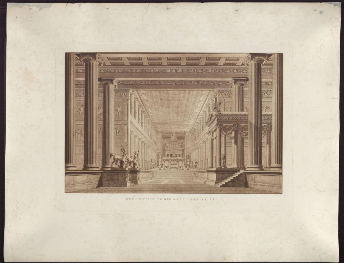Olimpia. Oper von Gaspare Spontini. Entwurf zur 2. Dekoration. Inneres des Tempels der Diana