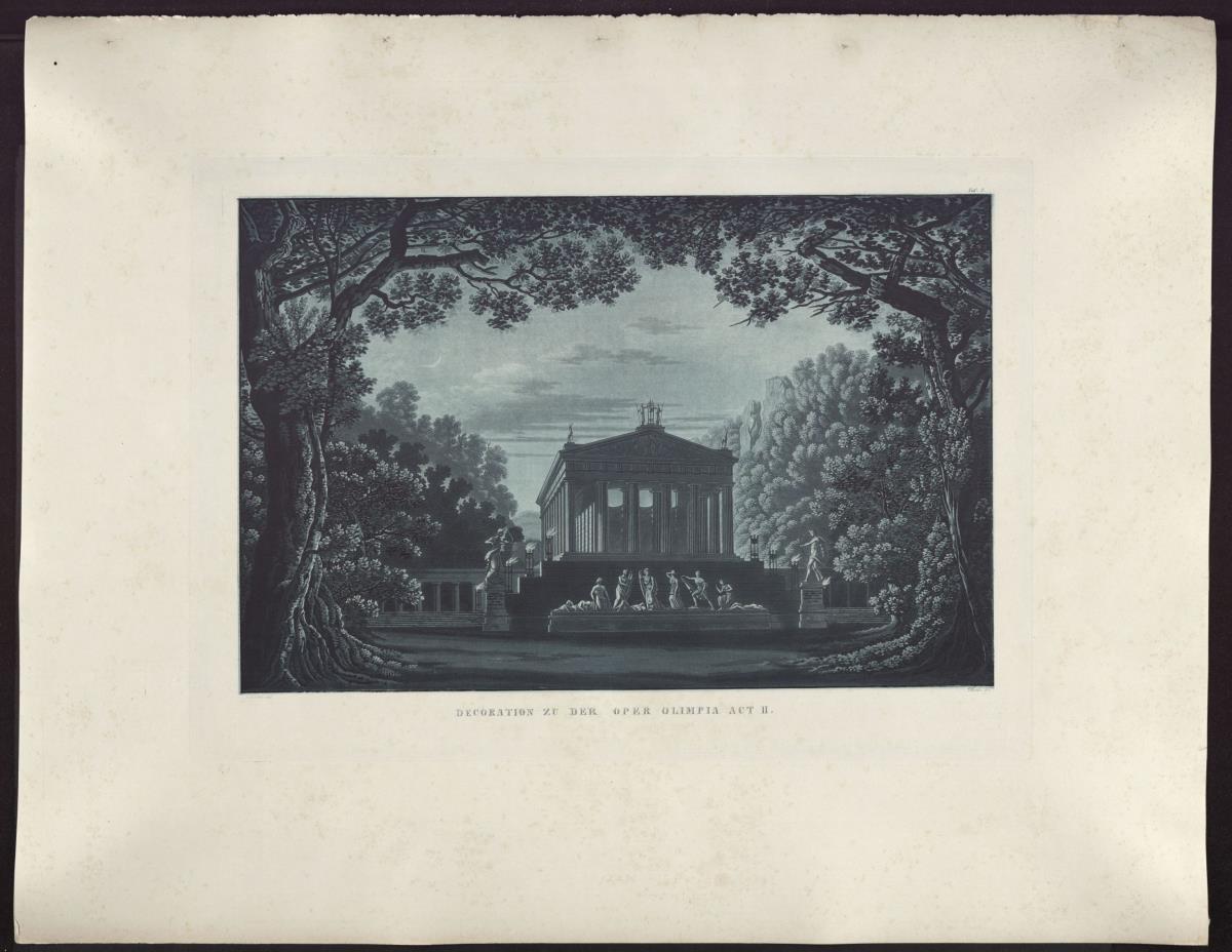 Olimpia. Oper von Gaspare Spontini. Entwurf zur 3. Dekoration. Wald mit dem Tempel der Diana