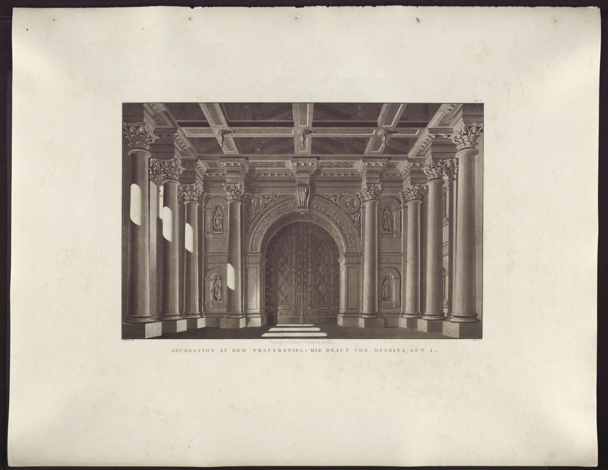 Braut von Messina. Trauerspiel von Friederich Schiller. Entwurf zur 1. und zur letzten Dekoration. Halle mit Säulen und Portal