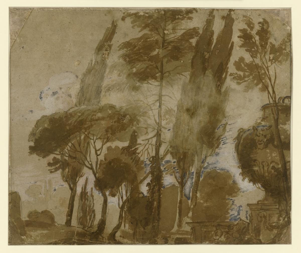 Italienische Baumlandschaft, rechts Vase und Sockel (Grabmale?)