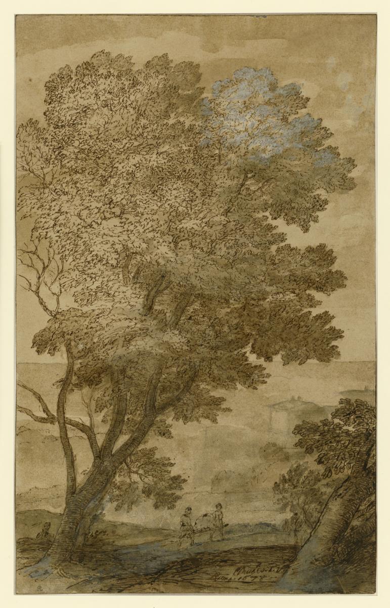 Hoher Baum vor Landschaft mit Haus und figürlicher Staffage