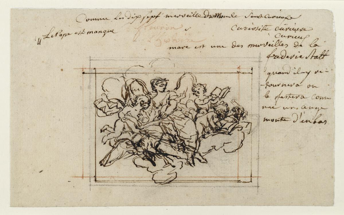 Die Muse der Geschichte, schreibend (Entwurf für eine Vignette für die „Mémoires pour servir à l'histoire de la Maison de Brandebourg“)