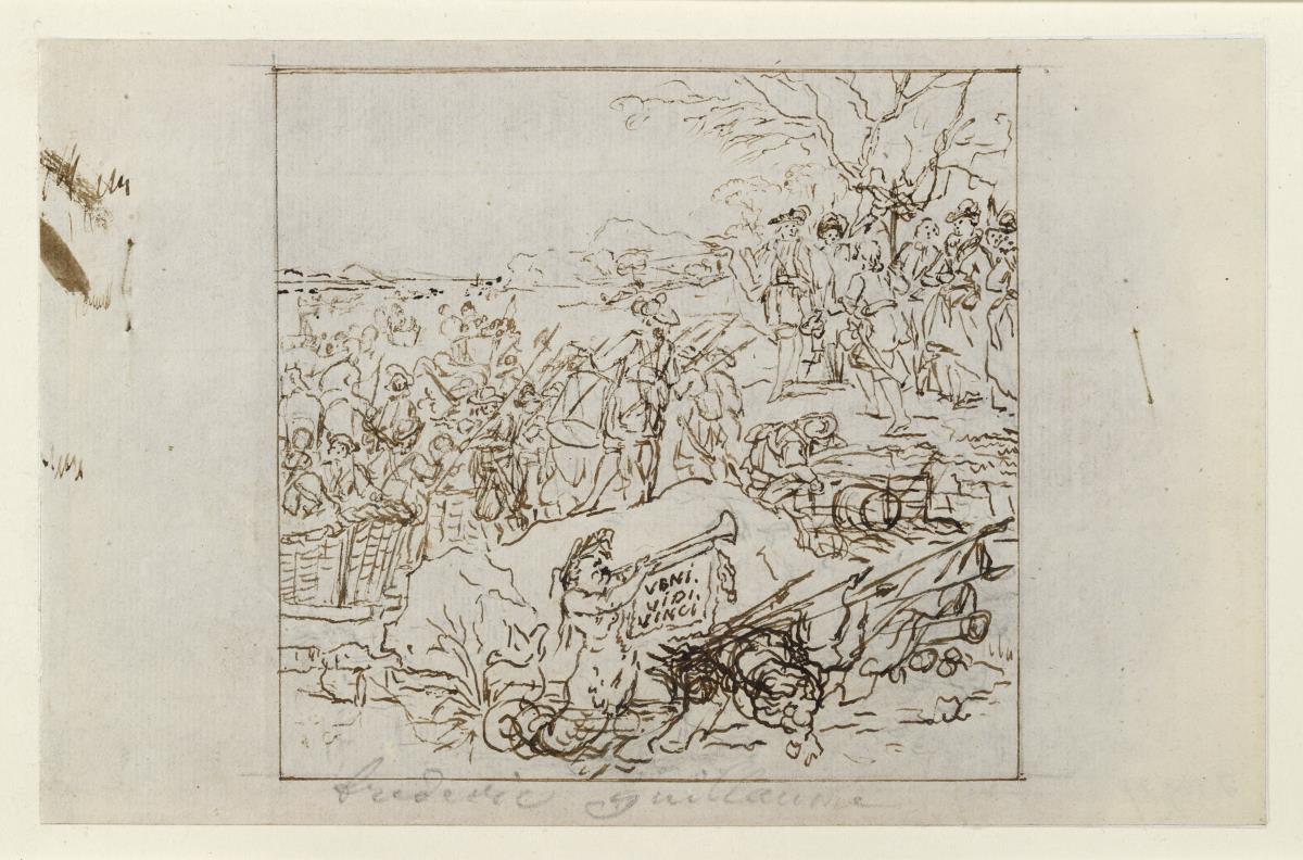 Schlußvignette zum Leben des großen Kurfürsten (Entwurf für eine Vignette für die „Mémoires pour servir à l'histoire de la Maison de Brandebourg“), links Federproben
