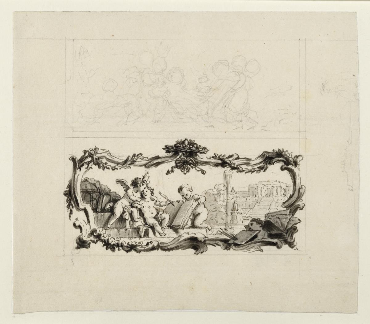 Vorlage für eine Vignette: In einer oblongen Rokokokartusche drei Putten mit einem Buche. Rechts im Hintergrund die Fontäne und das Schloss von Sanssouci. Oben flüchtige Skizze einer veränderten Wiederholung der Puttengruppe