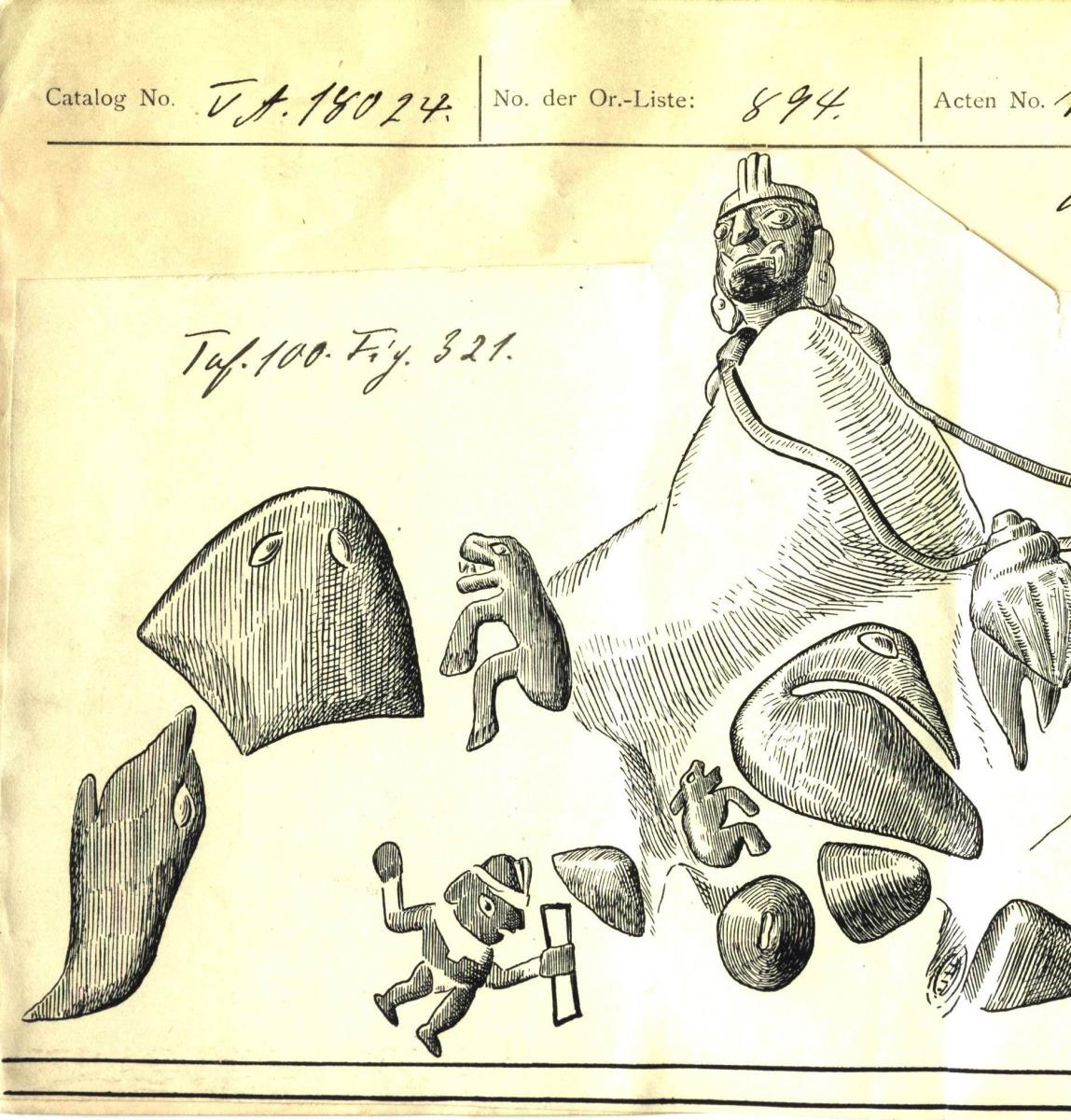 Applikation: anthropo-zoomorphe Figur; Relief: Schnecken und Vögel