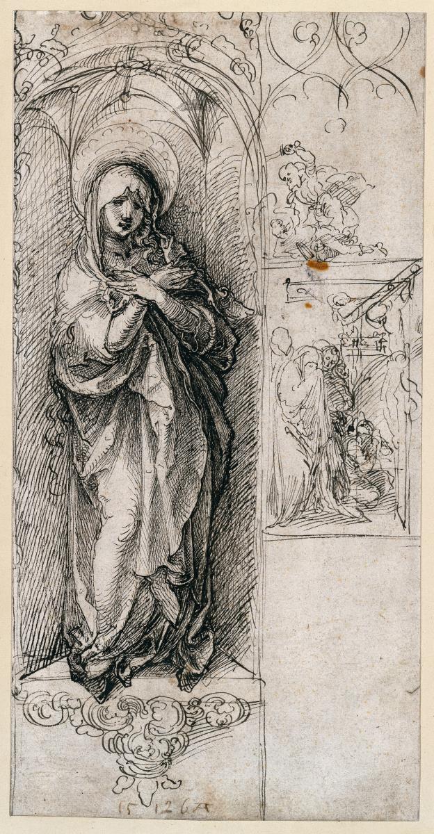Die Schmerzensmutter in einer Nische; rechts eine kleine Darstellung der Kreuzigung, darüber Petrus und Malchus