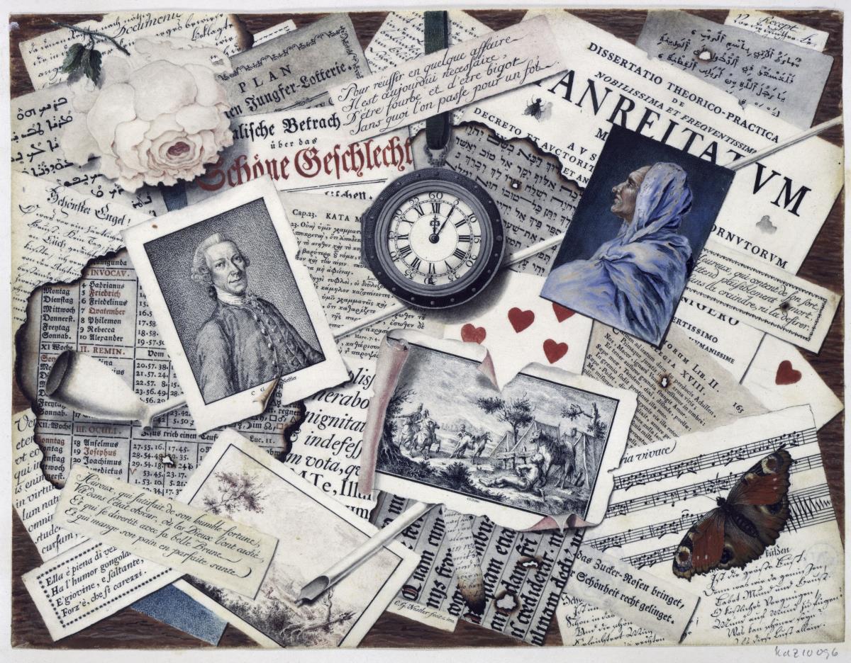 Quodlibet aus Kupferstichen, Schriftproben, Schmetterling, Rose, Taschenuhr, Tonpfeife usw.