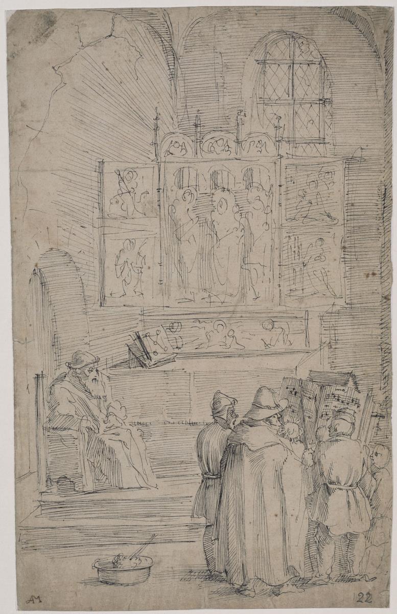 Chorsänger in einer Kirche vor einem Altar, neben dem links ein Greis sitzt