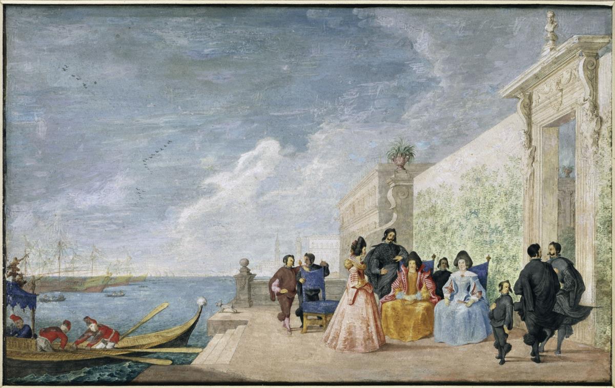 Vornehme Gesellschaft auf einer Terrasse am Meer