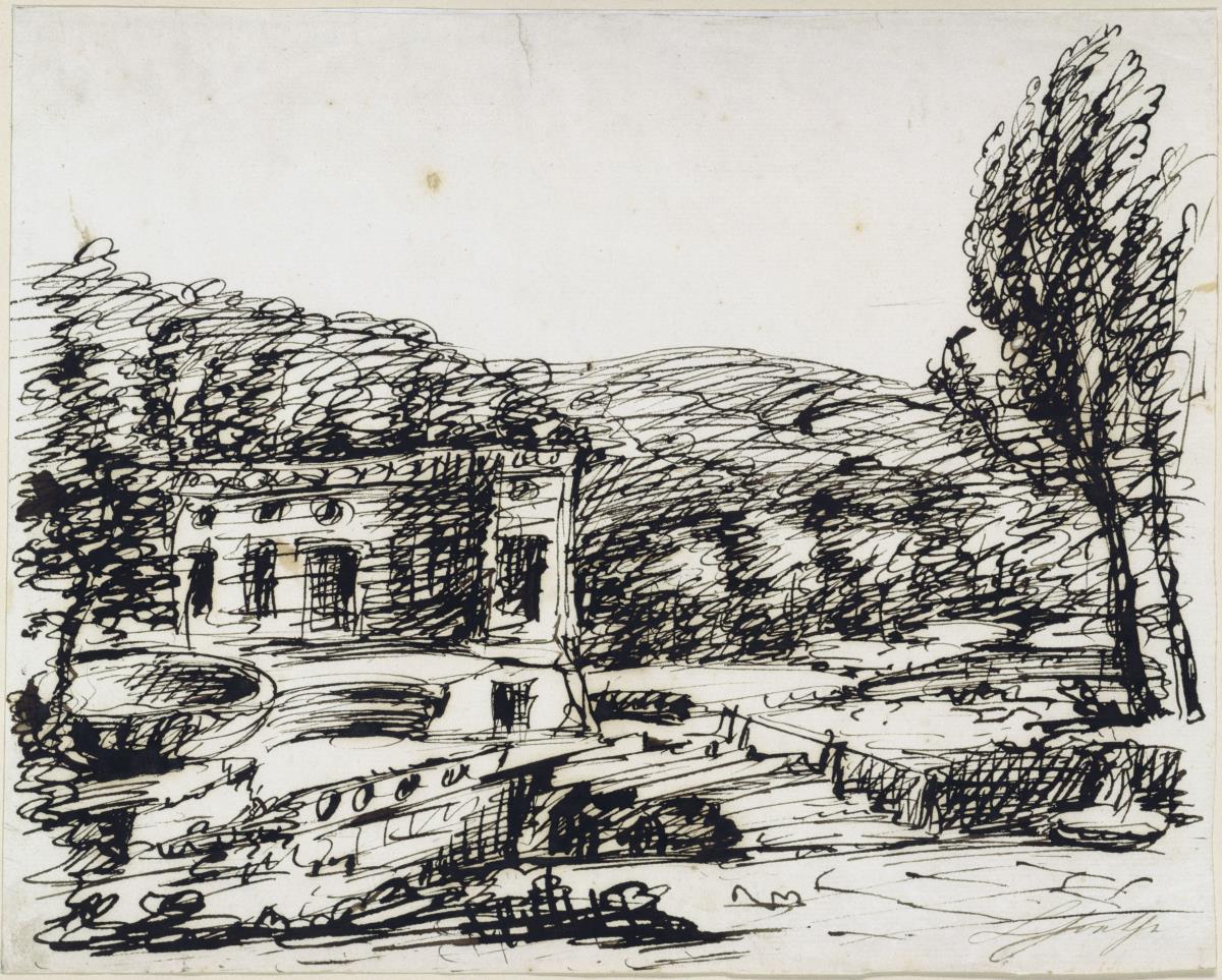 Italienische Landschaft. Über einen Fluß führt in der Mitte des Vordergrundes eine verfallene Brücke zu einer links gelegenen Villa. Vorn links ein Brunnenbecken, rechts zwei Bäume. Im Hintergrund ein Höhenzug