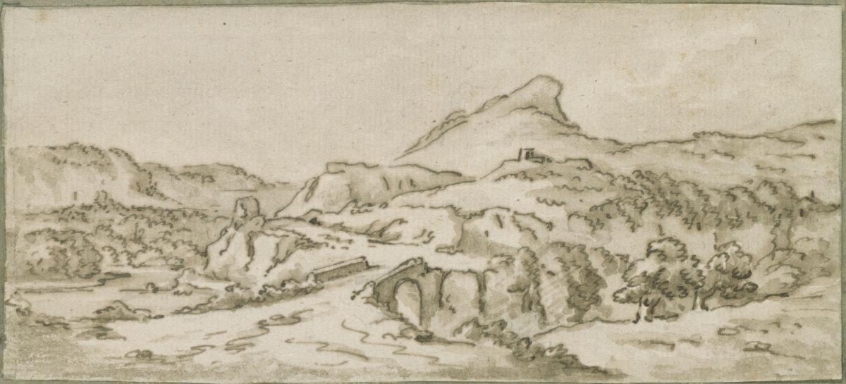 Bergige italienische Landschaft. Im Vordergrund Steinbrücke über einen Fluß mit steilen Ufern. In der Mitte des Hintergrundes ein Berg mit spitzem nach rechts überhängendem Gipfel