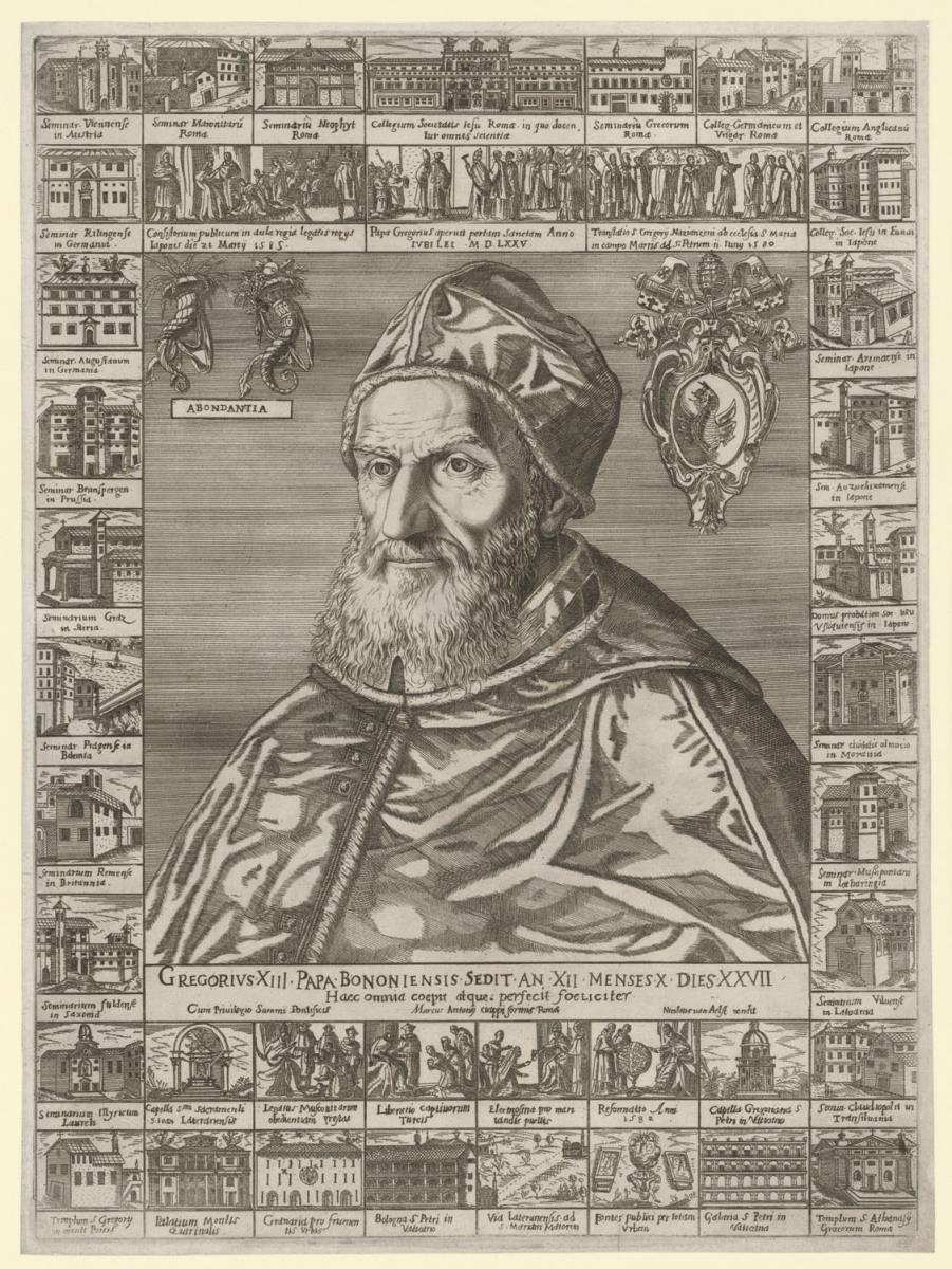 Porträt des Papstes Gregor XIII., umgeben von 40 Bildern seiner Bauten und Taten