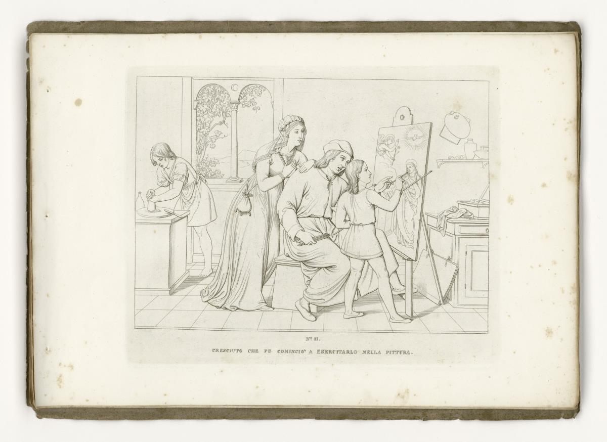Raffaels erste Malversuche (aus: 12 Umrisse zum Leben Raphaels von Urbino. Tafel II)