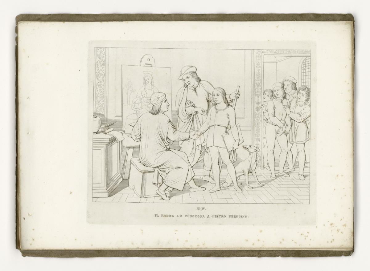 Der Vater übergibt den jungen Raffael zum Malereistudium an Pietro Perugino (aus: 12 Umrisse zum Leben Raphaels von Urbino. Tafel IV)