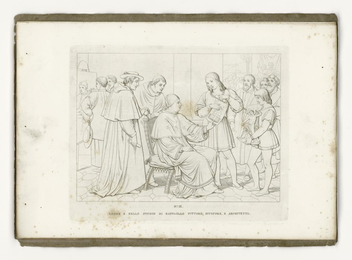 Papst Leo X. in Raffaels Werkstatt (aus: 12 Umrisse zum Leben Raphaels von Urbino. Tafel IX)
