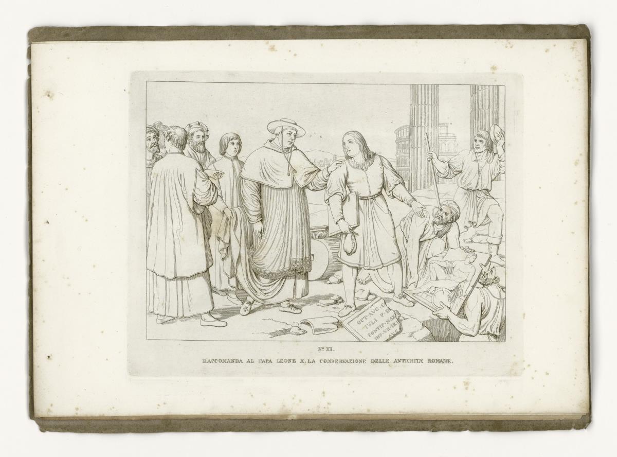 Raffael empfielt Papst Leo X. die antiken Altertümer Roms zu bewahren (aus: 12 Umrisse zum Leben Raphaels von Urbino. Tafel XI)