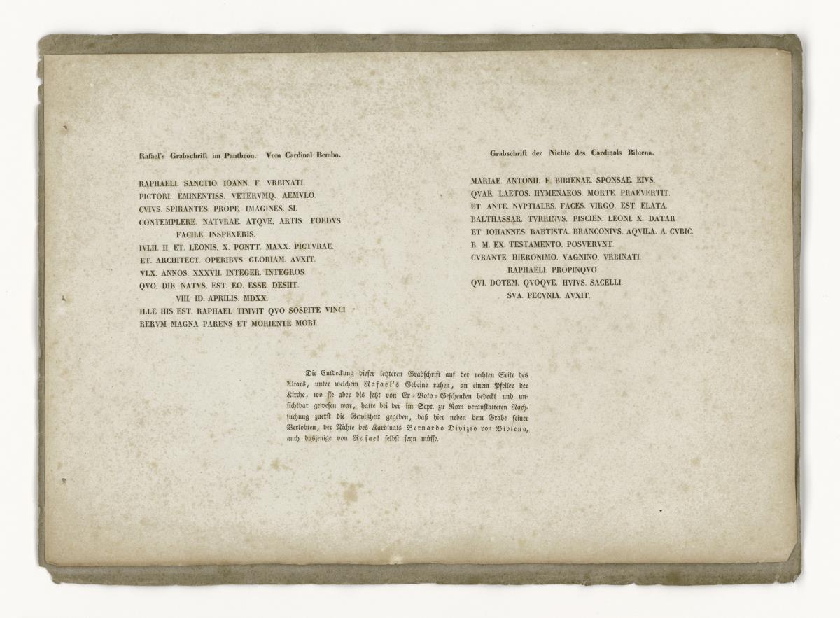 12 Umrisse zum Leben Raphaels von Urbino. Textblatt hinten