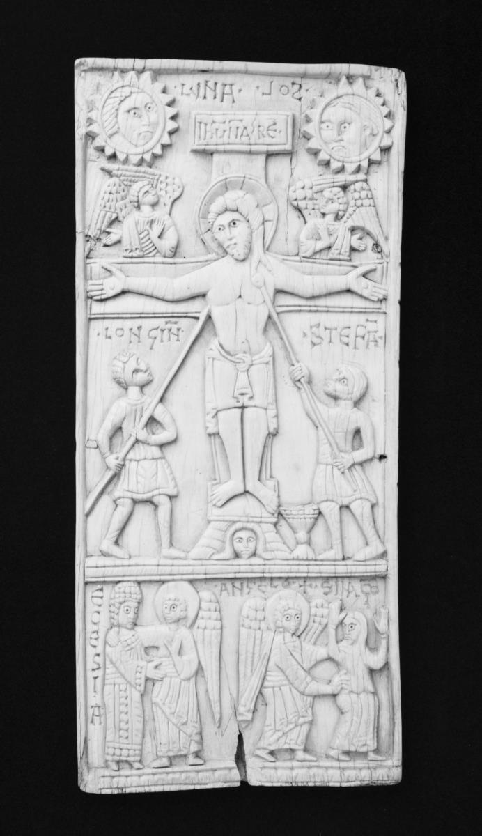 Zweiseitige Tafel mit Kreuzigung Christi und Szenen der Genesis