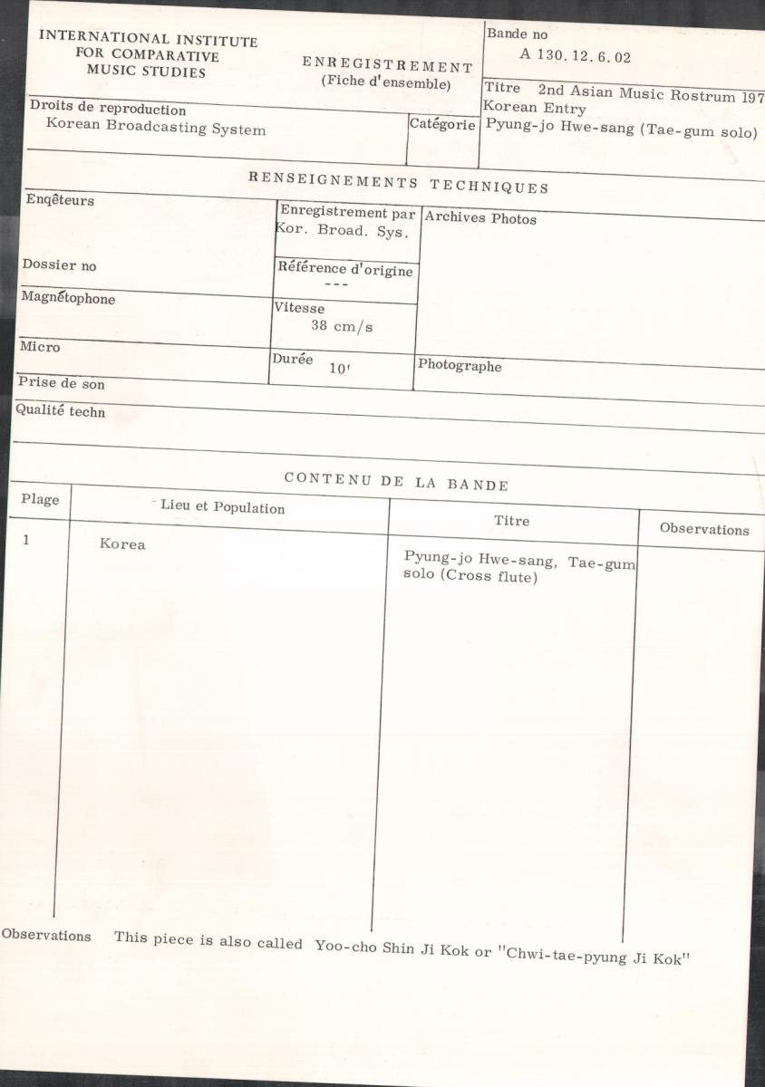 2nd Asian Music Rostrum 1971 - Korean Entry / Pyung -jo Hwe-sang (Tae-gum solo)