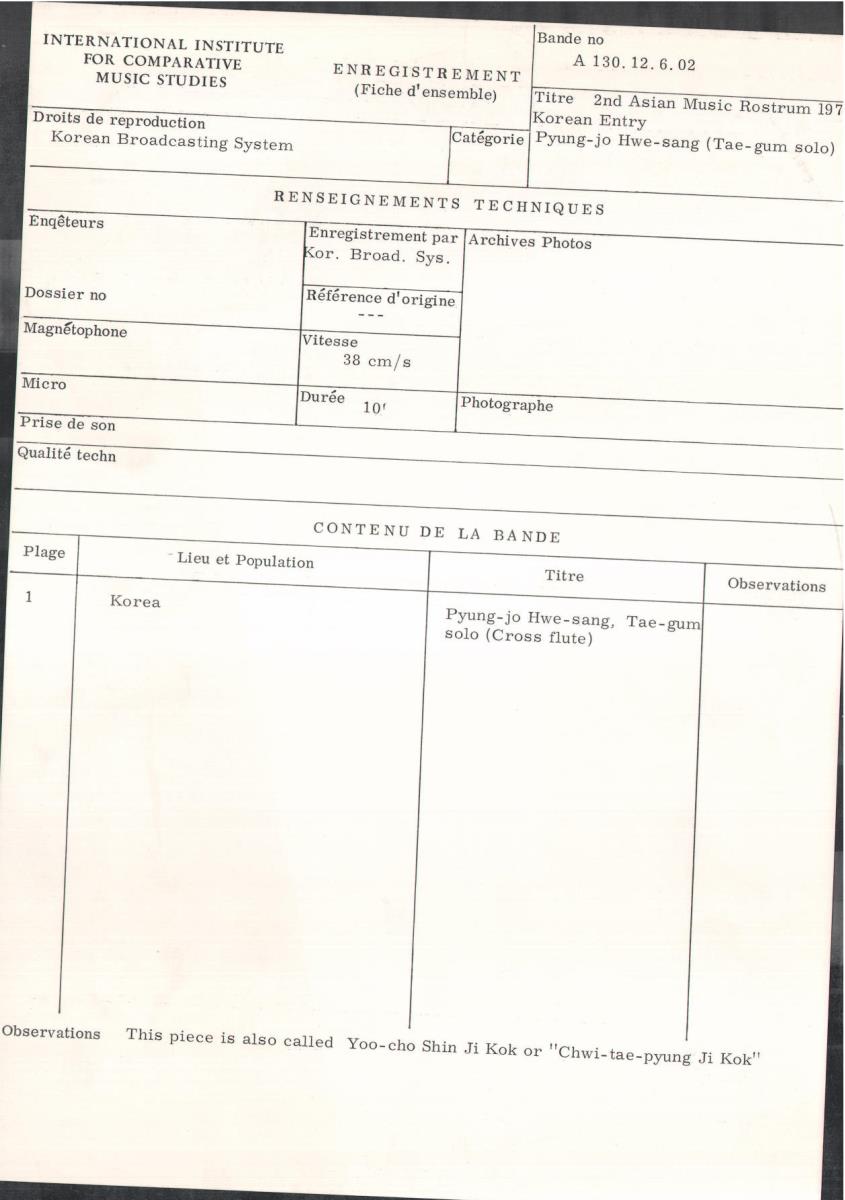 2nd Asian Music Rostrum 1971 - Korean Entry / Pyung -jo Hwe-sang (Tae-gum solo)