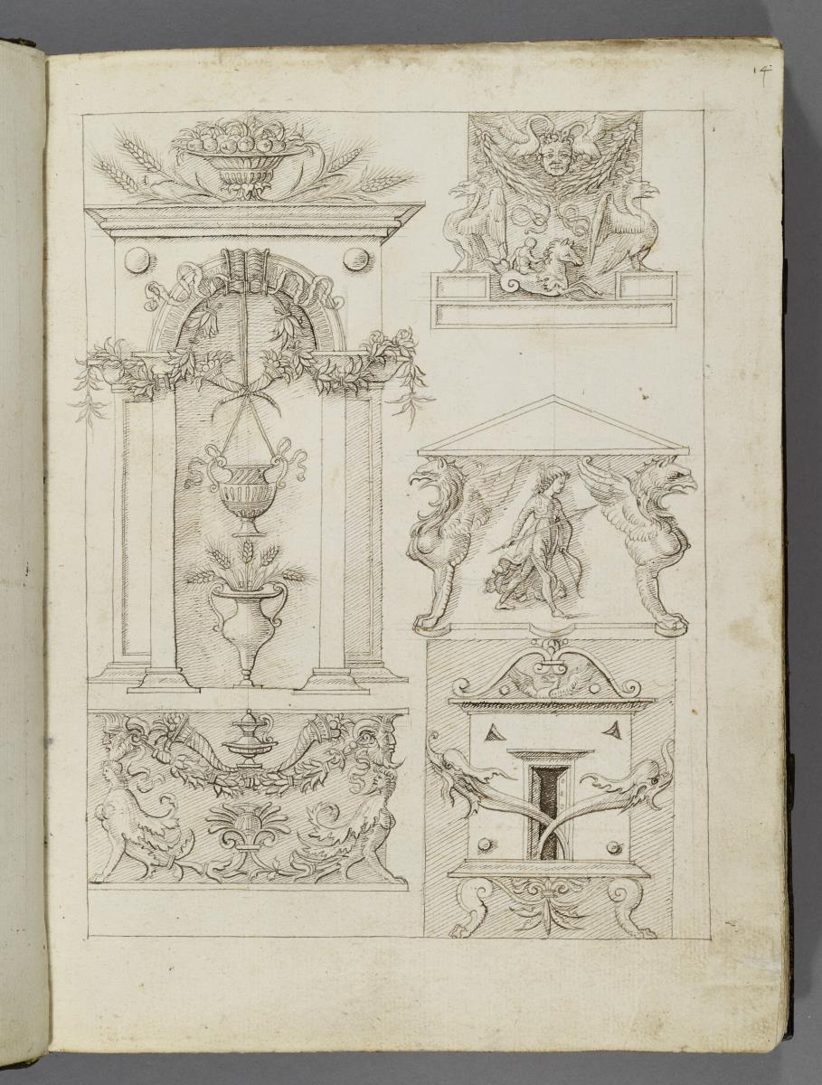 Codex Mantegna, vier Zeichnungen, vermutlich nach antiken Reliefdarstellungen