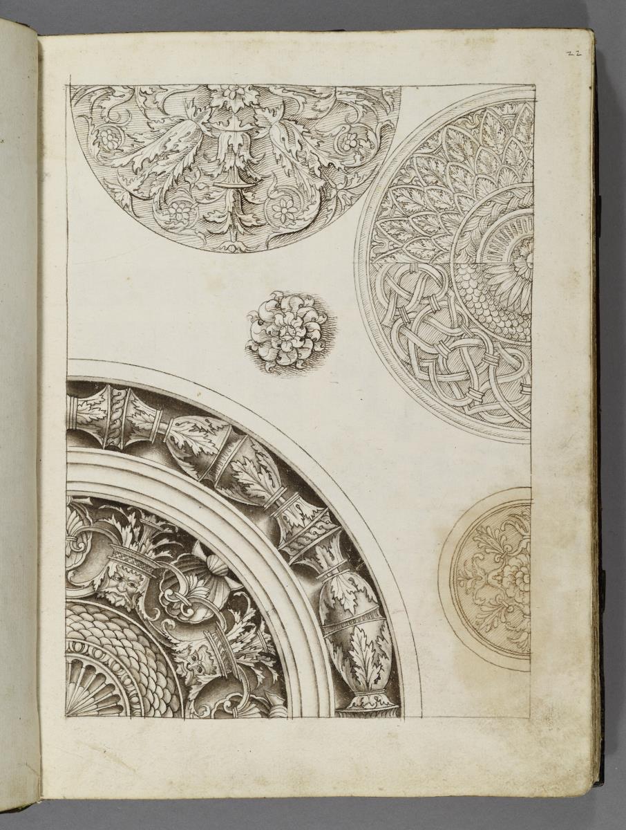 Codex Mantegna, fünf Zeichnungen für Verzierungen von Prunkschalen