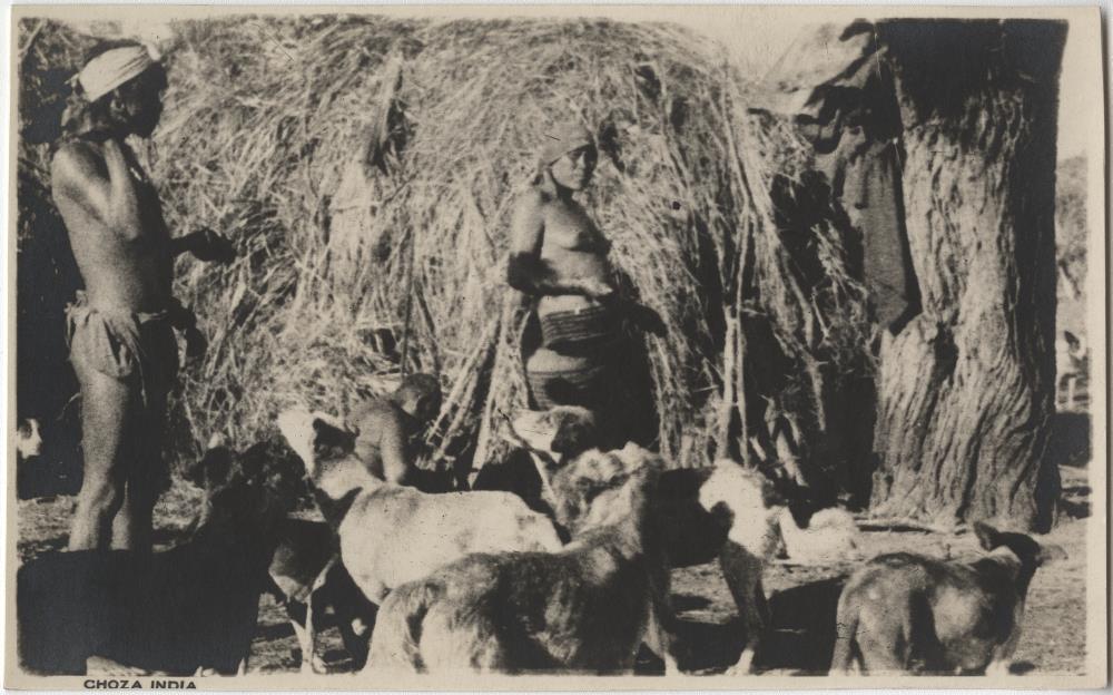 Indianer mit Hunden vor einer Hütte