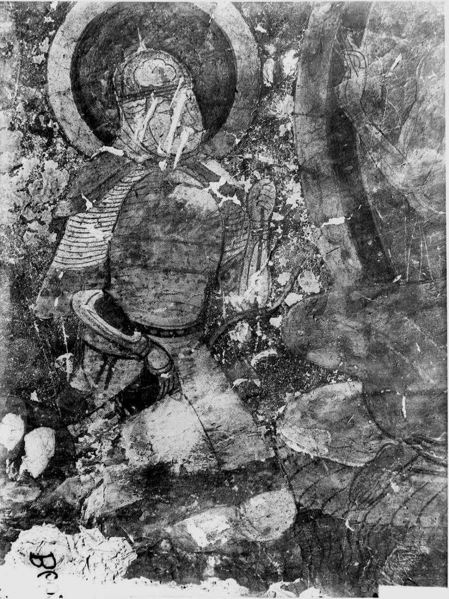 Wandmalerei: Kniender Ritter mit Helm und Rüstung