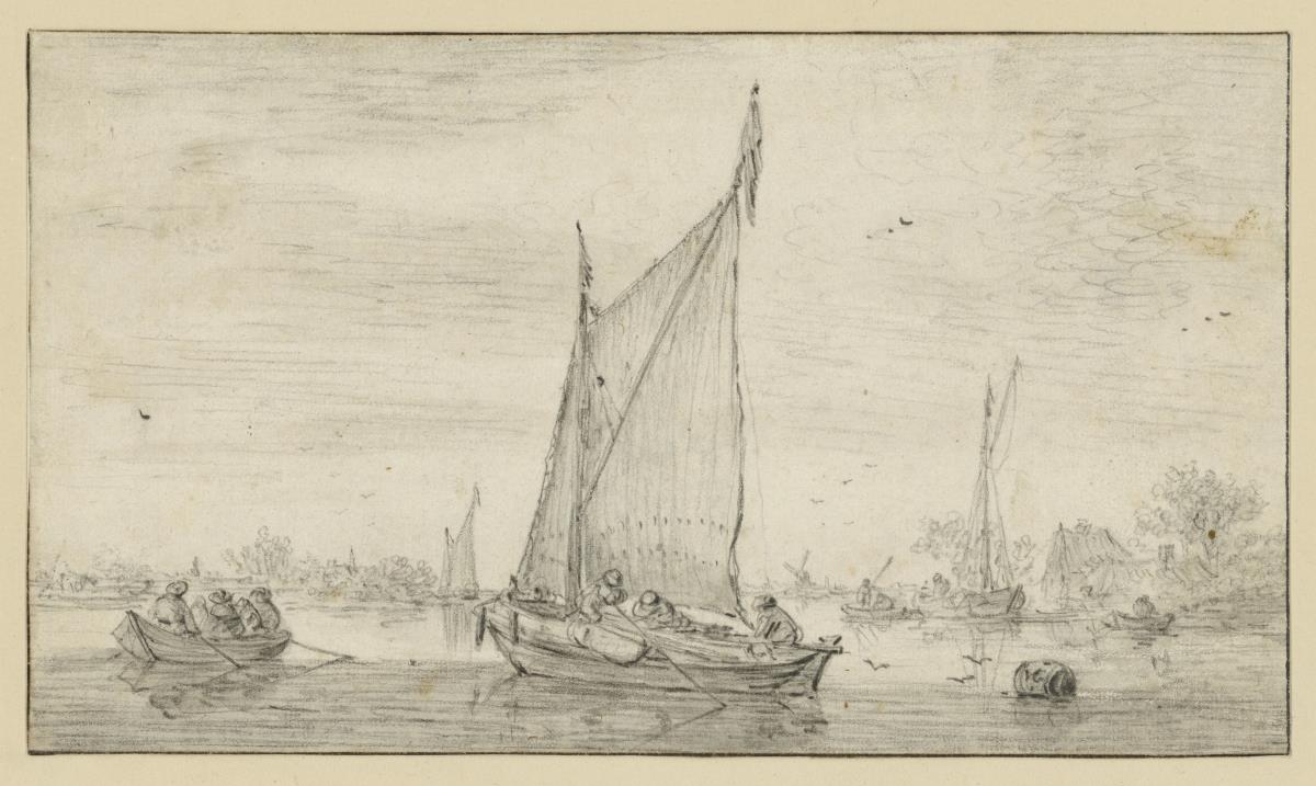Flusslandschaft mit einem Segelboot, flankiert von einem voll besetzten Ruderboot