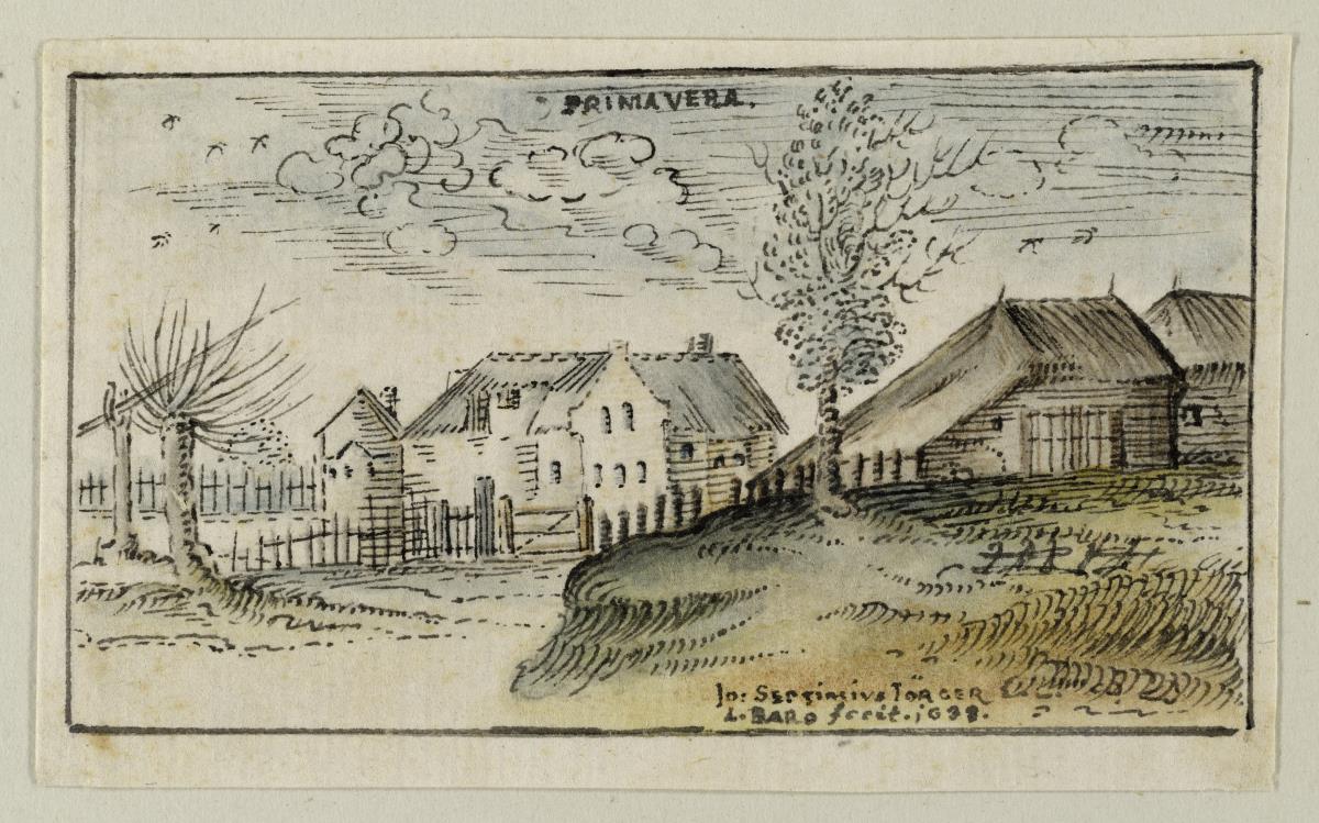 Frühlingslandschaft. Häuser am Abhange von Zäunen umfriedet, mit Ziehbrunnen. Am oberen Rande: PRIMA VERA