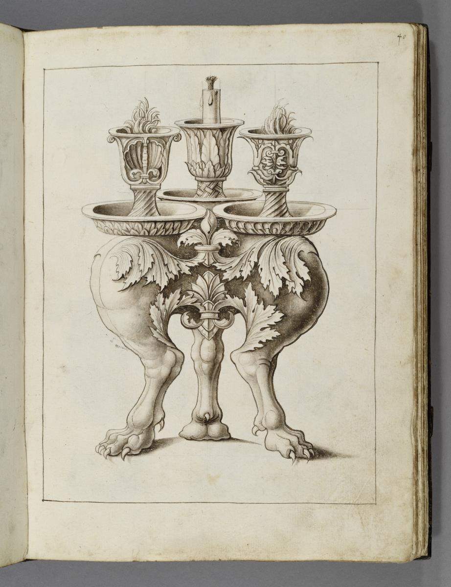 Codex Mantegna, Dreifuß mit Löwenbeinen und drei Gefäßen