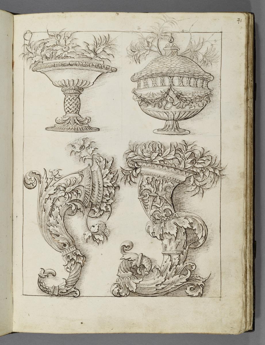 Codex Mantegna, zwei Gefäße und zwei geschwungene Stützen