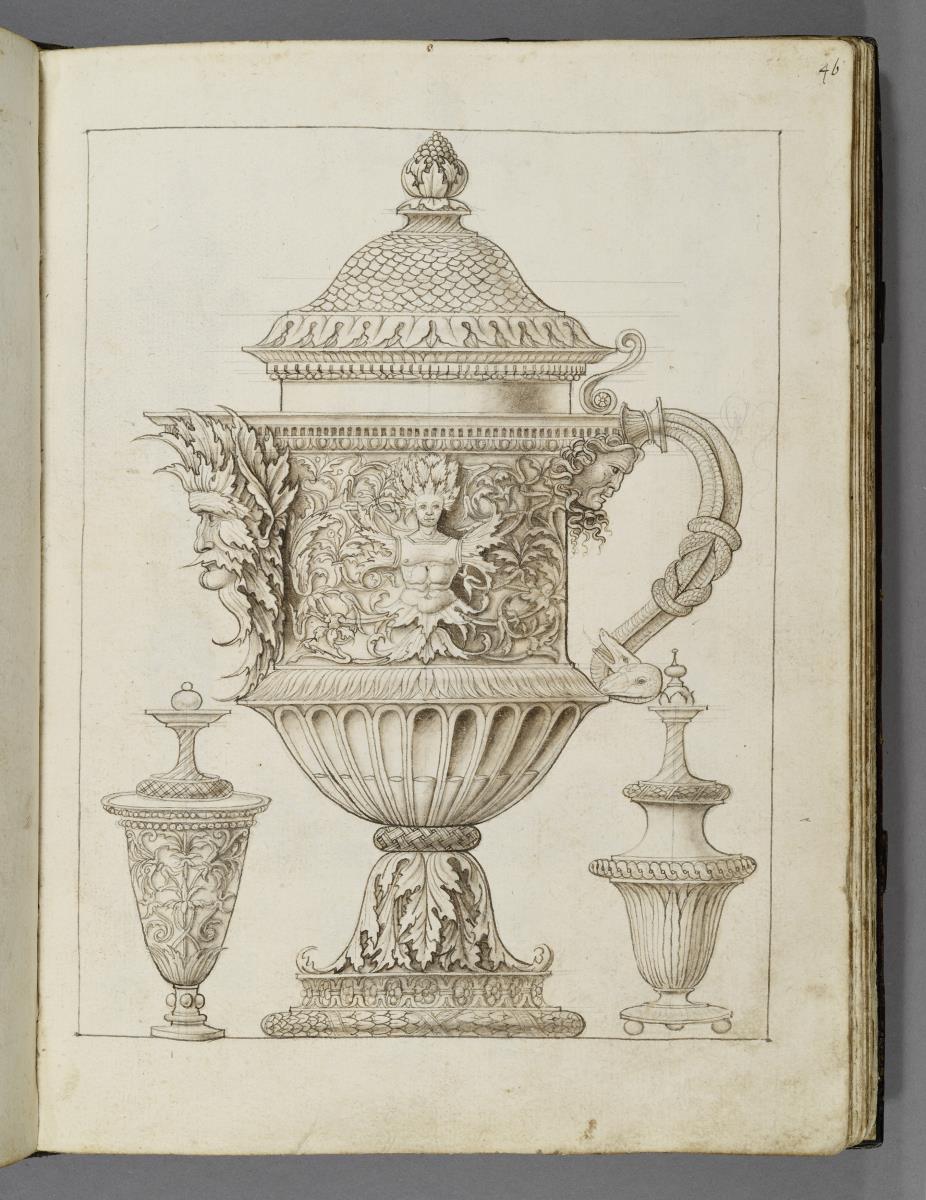 Codex Mantegna, großes Prunkgefäß und zwei kleinere Gefäße