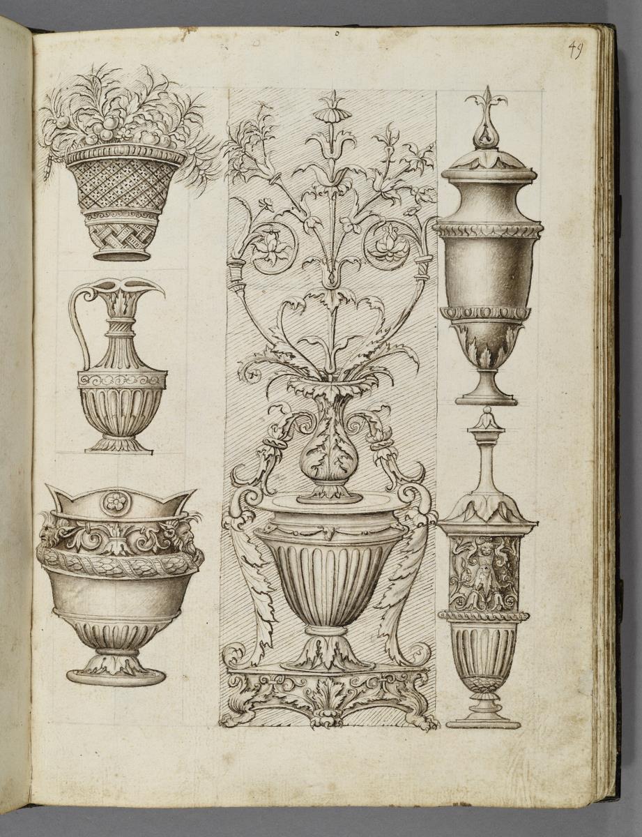 Codex Mantegna, ein Groteskenornament und fünf Gefäße
