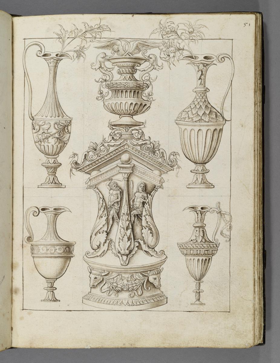 Codex Mantegna, kandelaberartiges Gefäß und vier Kannen