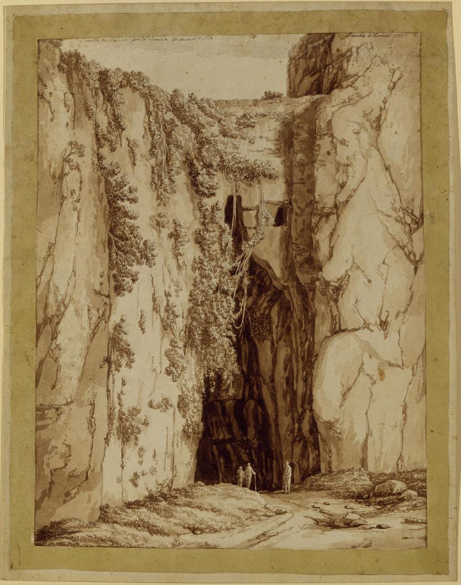 Landschaft mit Felsgrotte (Das Ohr des Dionysos) bei Syrakus / römische Landschaft / L'oreille de Dionise près de Siracuse