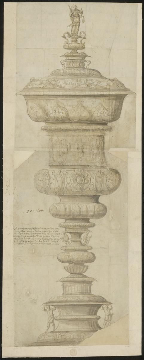 großer Prunkpokal mit Justicia-Figur auf dem Deckel