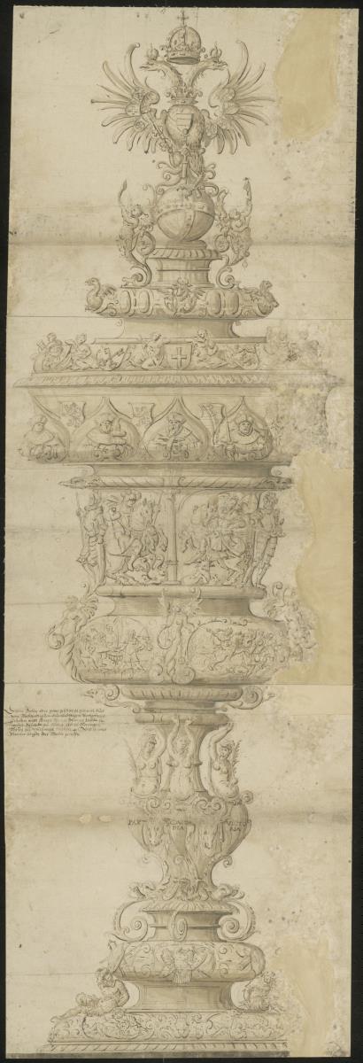 großer Prunkpokal, Adlerfigur auf dem Deckel und Wappenschild