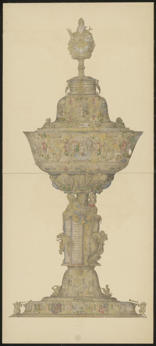 Taufbecken mit Figuren und Wappen