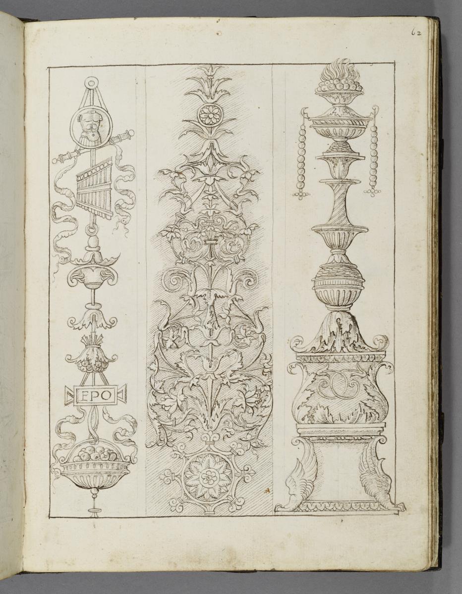 Codex Mantegna, zwei Groteskenornamente, ein Kandelaber