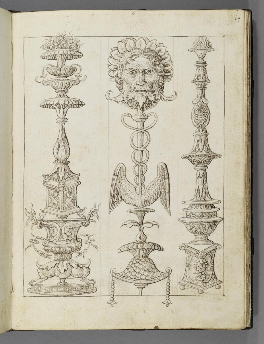 Codex Mantegna, Groteskenornament, zwei Kandelaber